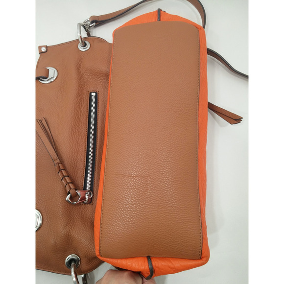 Cognac Pebbled Leather Purse Colorblock Crossbody Bag Silver Accents Handles - Picture 5 of 12